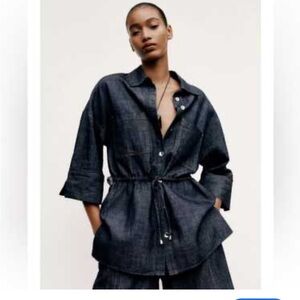 Zara Drawstring Waist Denim Utility Shirt Safari Style 3/4 Sleeve Size XS